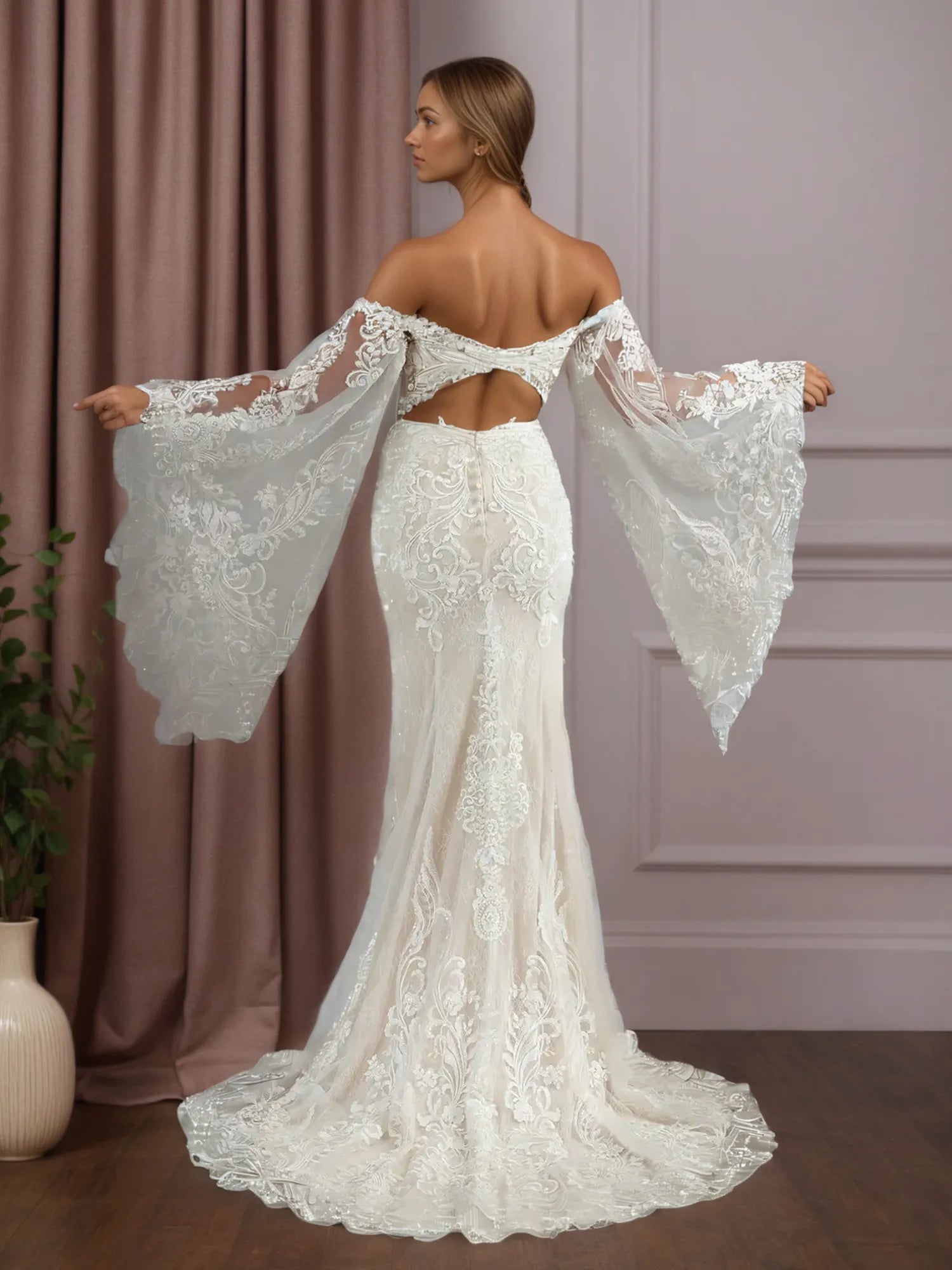 White Champagne Mermaid V-Neck Sequins Lace Wedding Dress