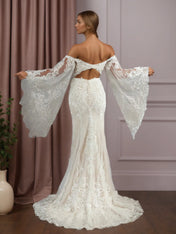 White Champagne Mermaid V-Neck Sequins Lace Wedding Dress