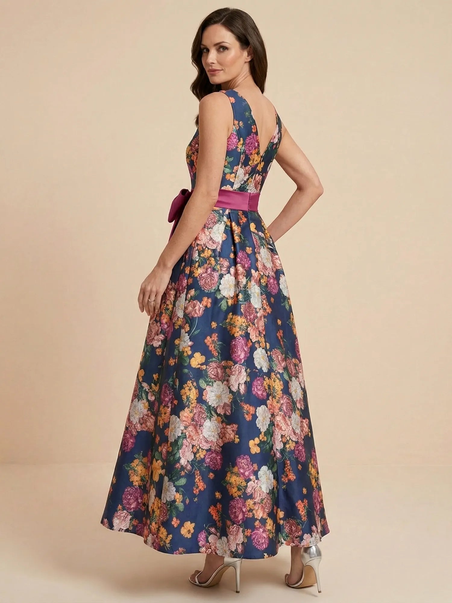 Print Flower Satin V Neck Ankle Length Mother of the Bride Dresses with Bow