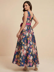 Print Flower Satin V Neck Ankle Length Mother of the Bride Dresses with Bow