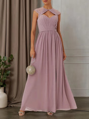 Pink Ruched Lace Chiffon Crew Neck Cap Sleeve A-Line Maxi Bridesmaid Dress