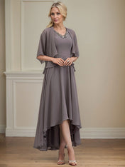 A-line V-Neck Asymmetrical Chiffon Mother of the Bride Dress With Beading Sequins