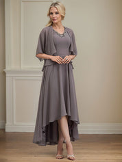 A-line V-Neck Asymmetrical Chiffon Mother of the Bride Dress With Beading Sequins