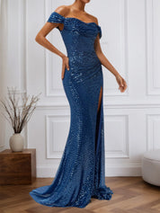 Blue Ruched Slit Sequin Off The Shoulder Short Sleeve Sheath Dress