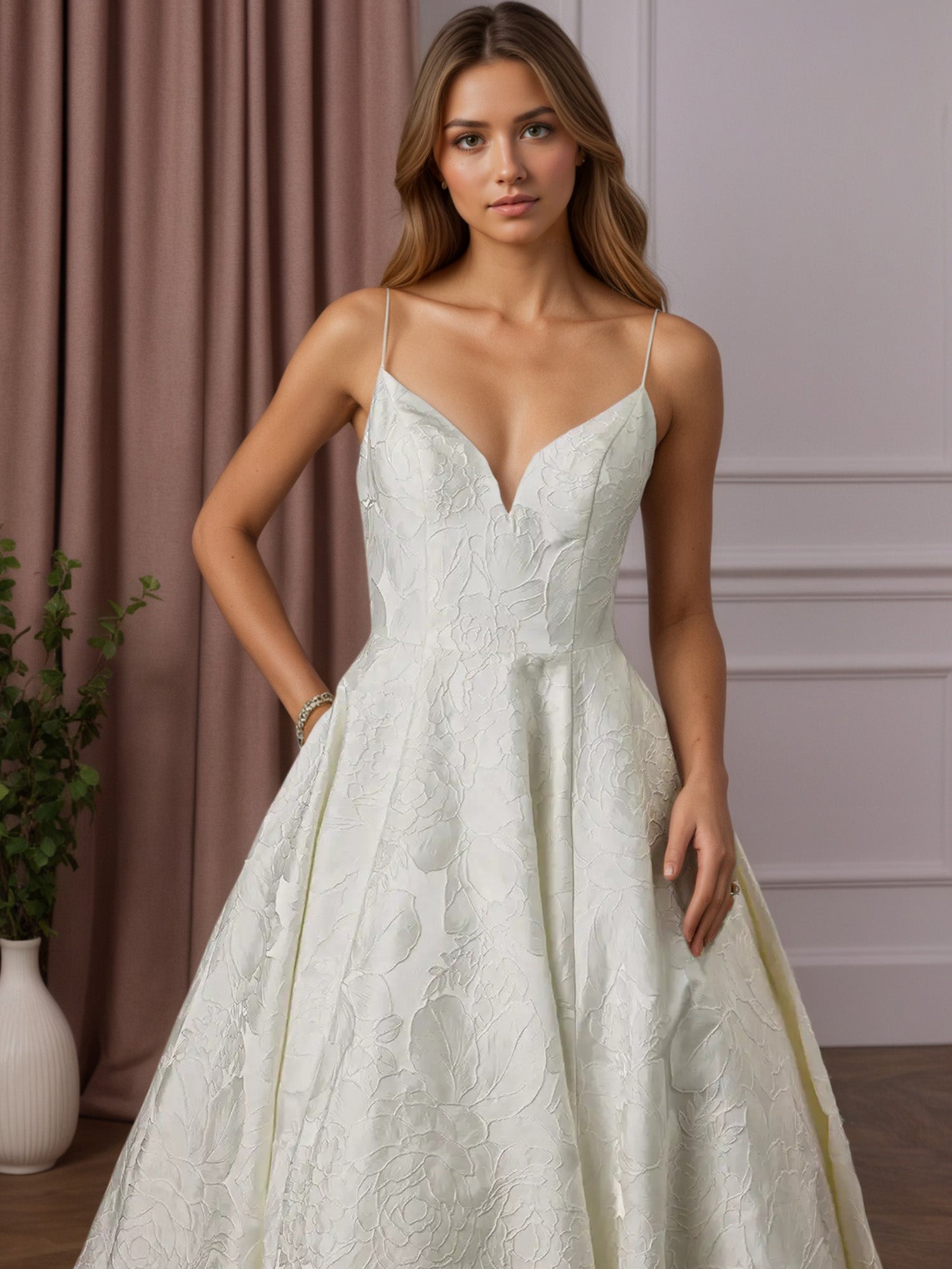 White V-Neck Ball-Gown with Pockets Floral Jacquard Wedding Dress