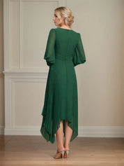 A-line V-Neck Asymmetrical Chiffon Mother of the Bride Dress With Bow Pleated