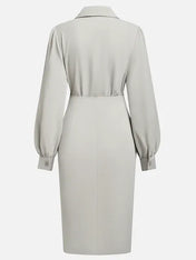 Light Gray Ruched Classic Shirt Collar Long Sleeve Sheath Midi Dress