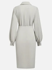 Light Gray Ruched Classic Shirt Collar Long Sleeve Sheath Midi Dress