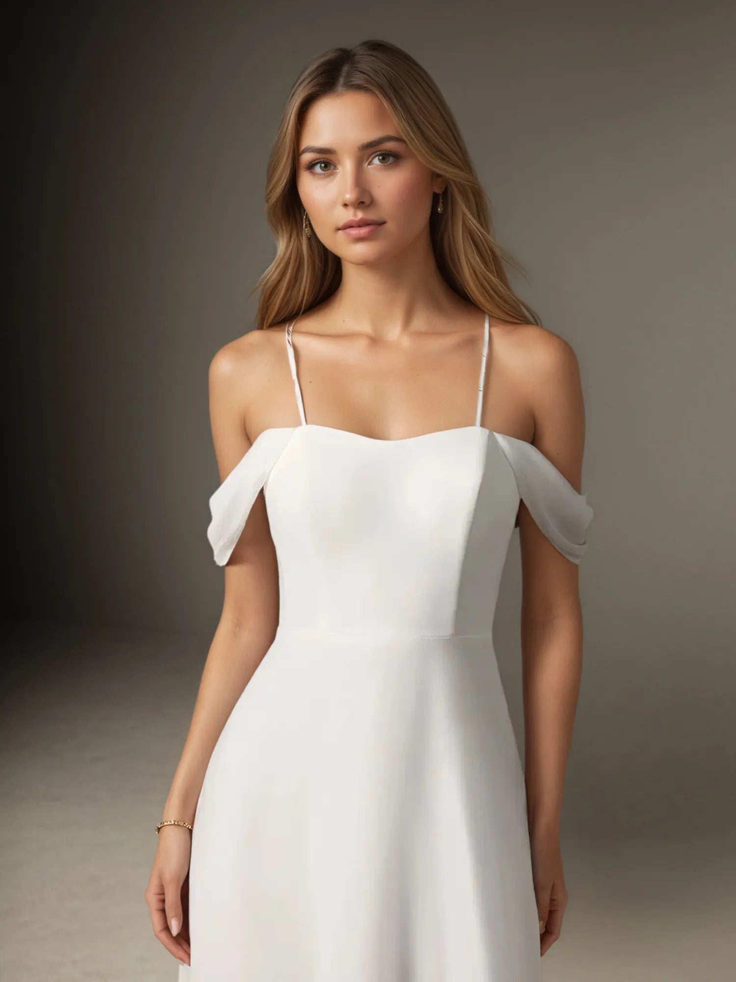 White A-Line Off the Shoulder Stretch Chiffon Wedding Dress
