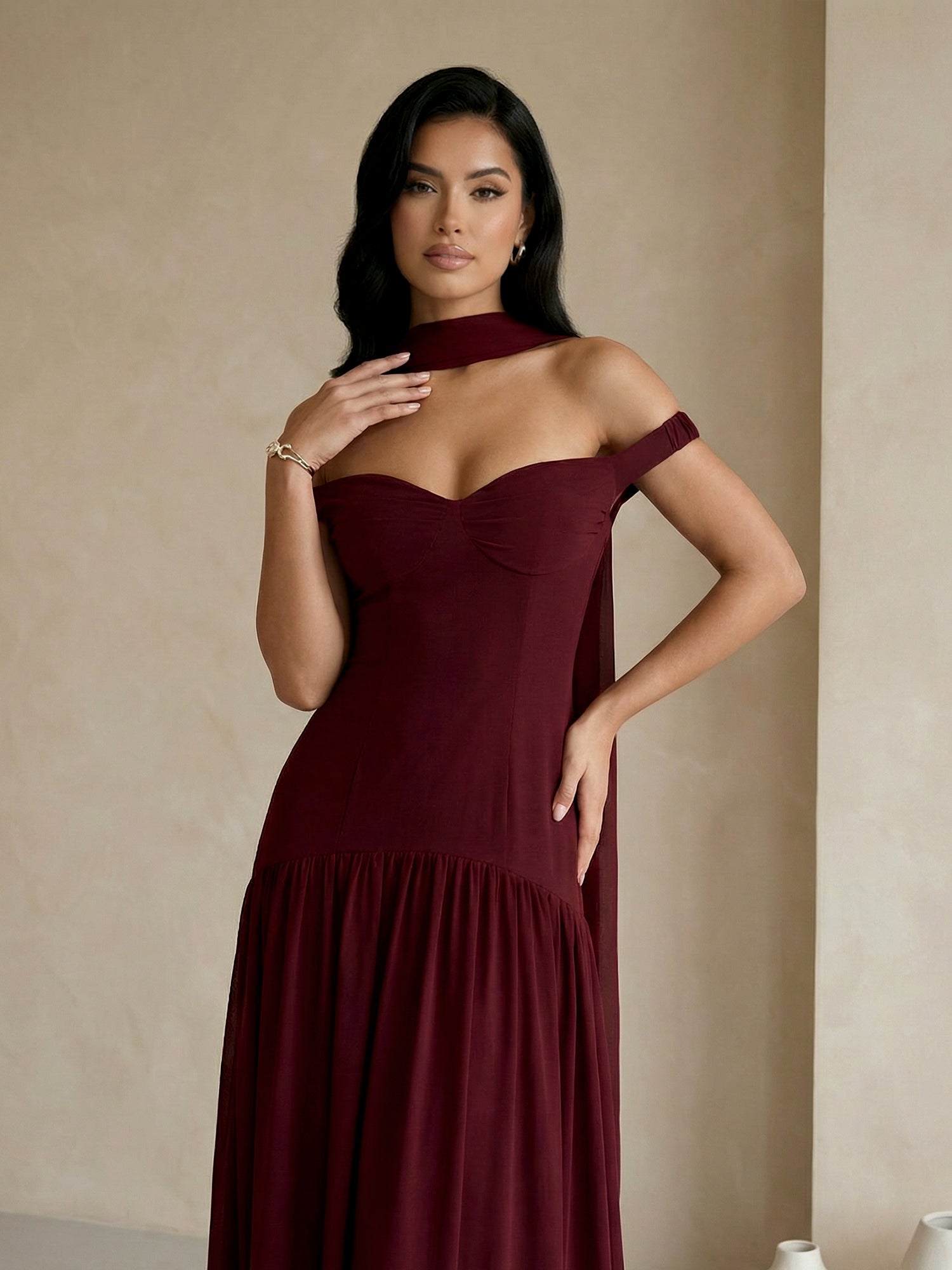 Burgundy Off the Shoulder Maxi Dresses with Scarf A Line Evening Dress