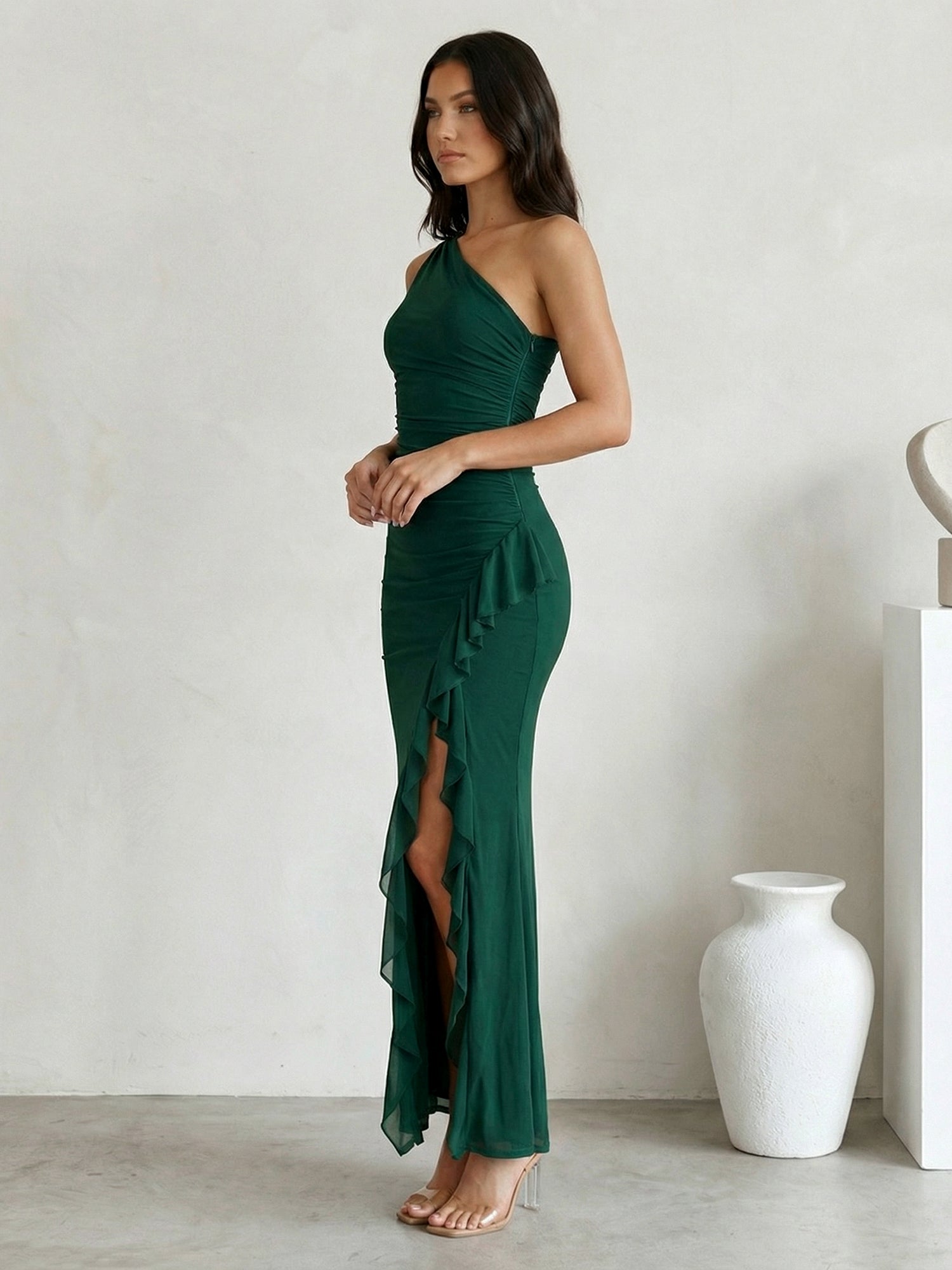 Green One Shoulder Mermaid Satin Slit Maxi Dress with Ruffle