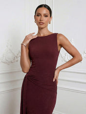 Burgundy Scoop Neck Mermaid Chiffon Maxi Dress with Ruffle