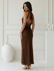 Brown Halter Neck Mermaid Satin Maxi Dress Tea Length
