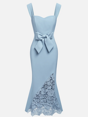 Light Blue Bow Lace Sweetheart Neckline Mermaid Maxi Dress