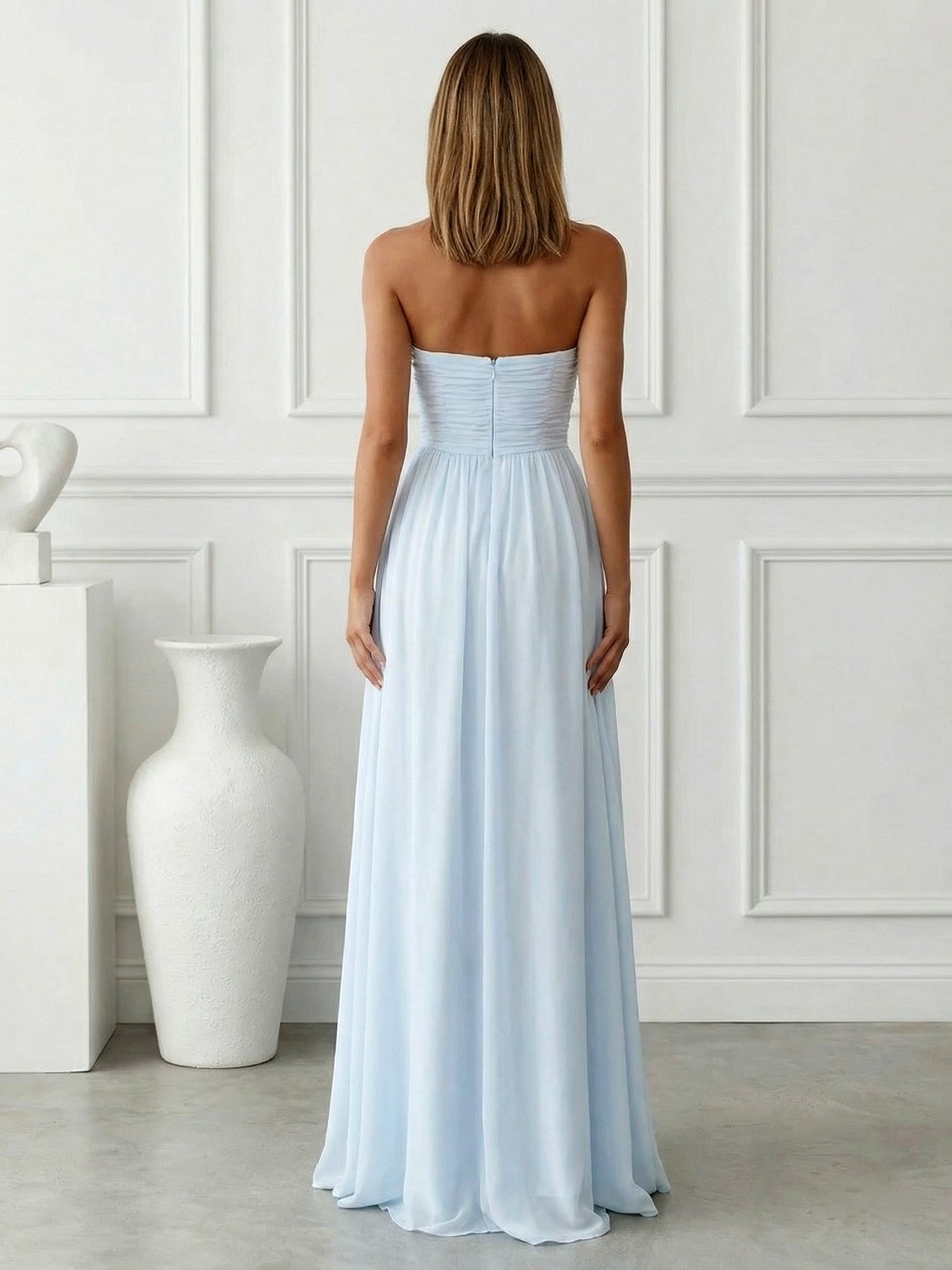 Light Blue Sweetheart Chiffon A Line Maxi Dress with Pleat