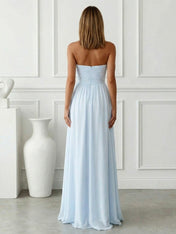 Light Blue Sweetheart Chiffon A Line Maxi Dress with Pleat