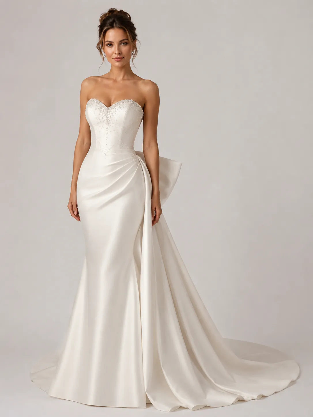Elegant Strapless Satin Mermaid Wedding Dress with Beaded Neckline and Back Bow