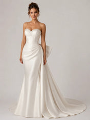 Elegant Strapless Satin Mermaid Wedding Dress with Beaded Neckline and Back Bow