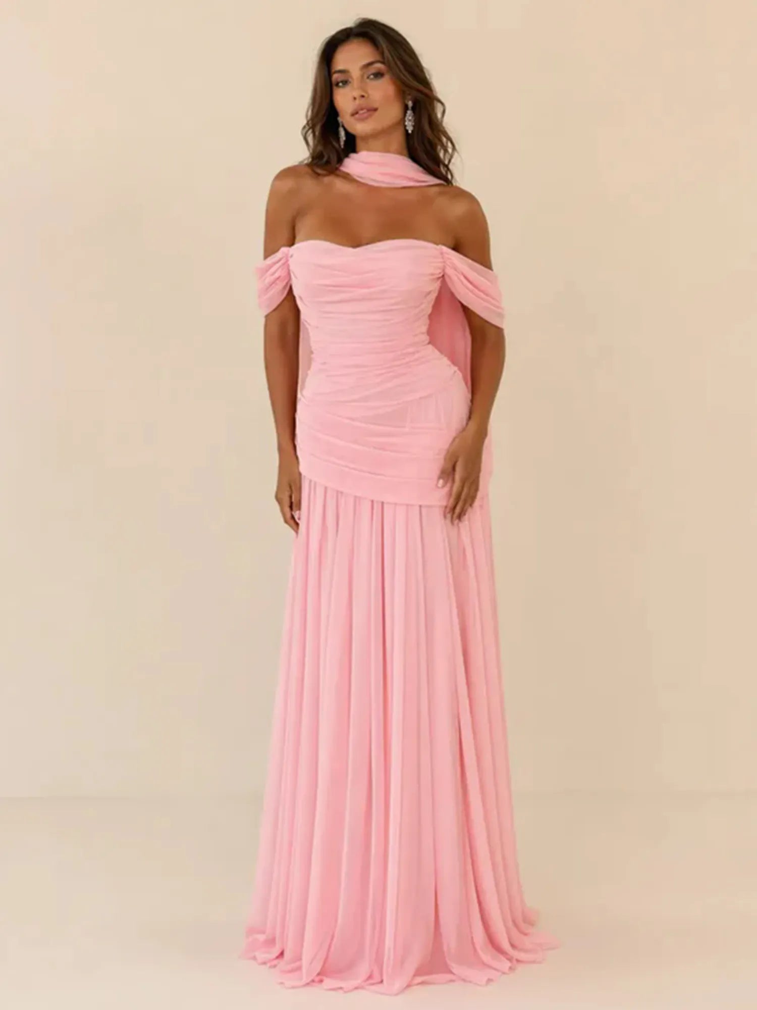 Off-The-Shoulder Ruched Chiffon Maxi Gown with Matching Neck Wrap