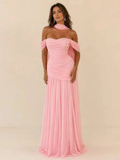 Off-The-Shoulder Ruched Chiffon Maxi Gown with Matching Neck Wrap