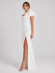 Elegant One-Shoulder Sheath Wedding Dress with 3D Floral Appliqués and High Slit