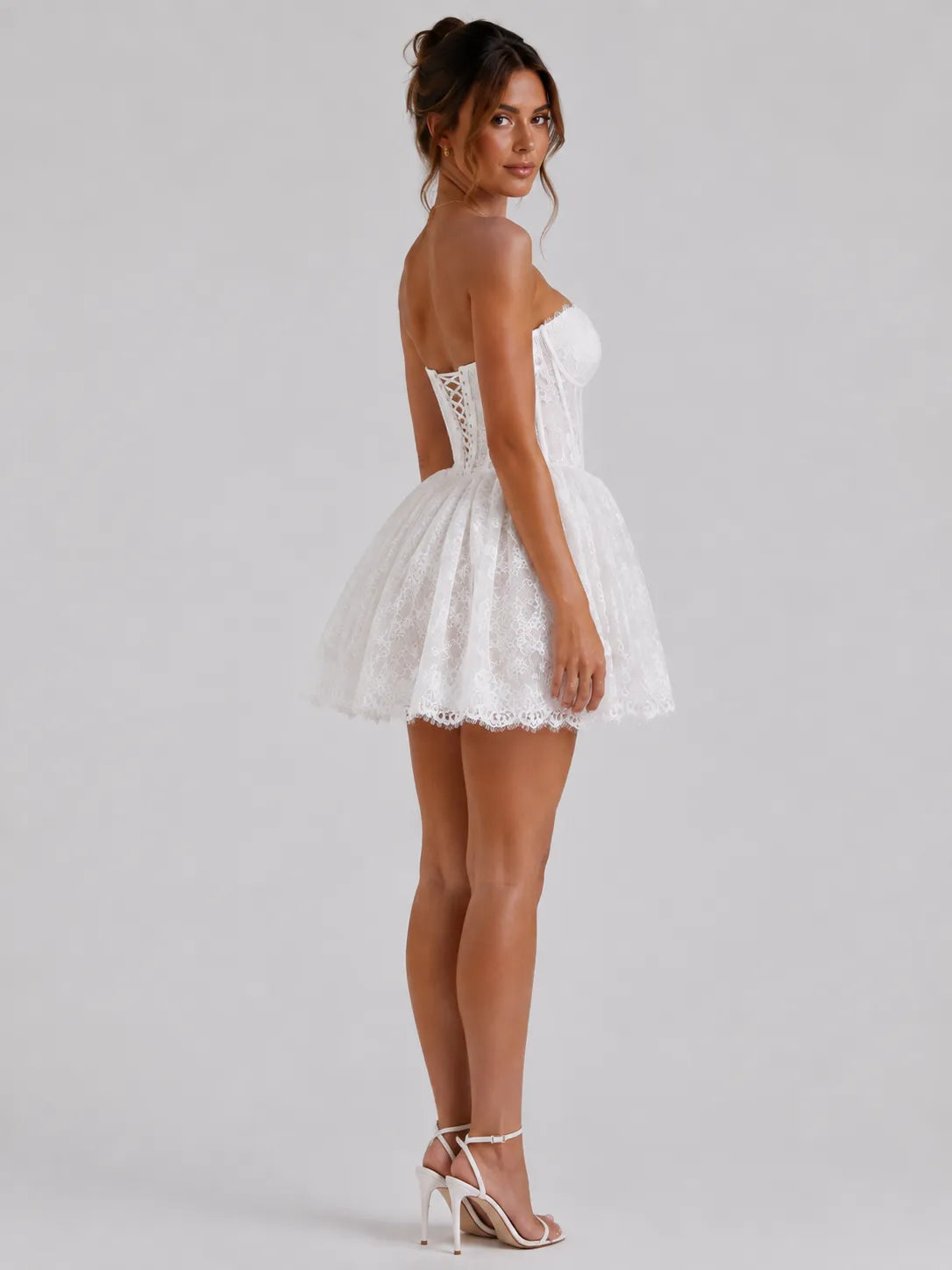 Elegant Strapless Lace Mini Wedding Dress with Sweetheart Neckline, Sheer Corset Waist and Lace-Up Back