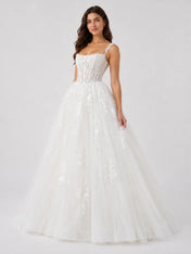 Romantic Square Neck Lace Corset Ball Gown Wedding Dress with Floral Appliqué Tulle Skirt