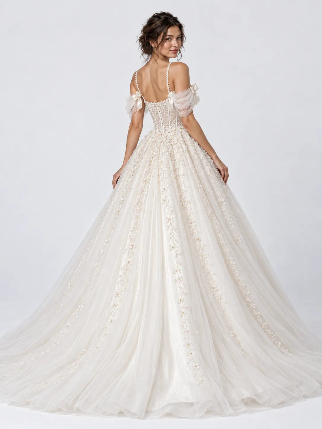 Pearl Beaded Spaghetti Strap Sweetheart Beaded Floral Ball Gown Wedding Dress