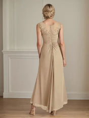 Champagne A-Line Scoop Lace Chiffon Dress