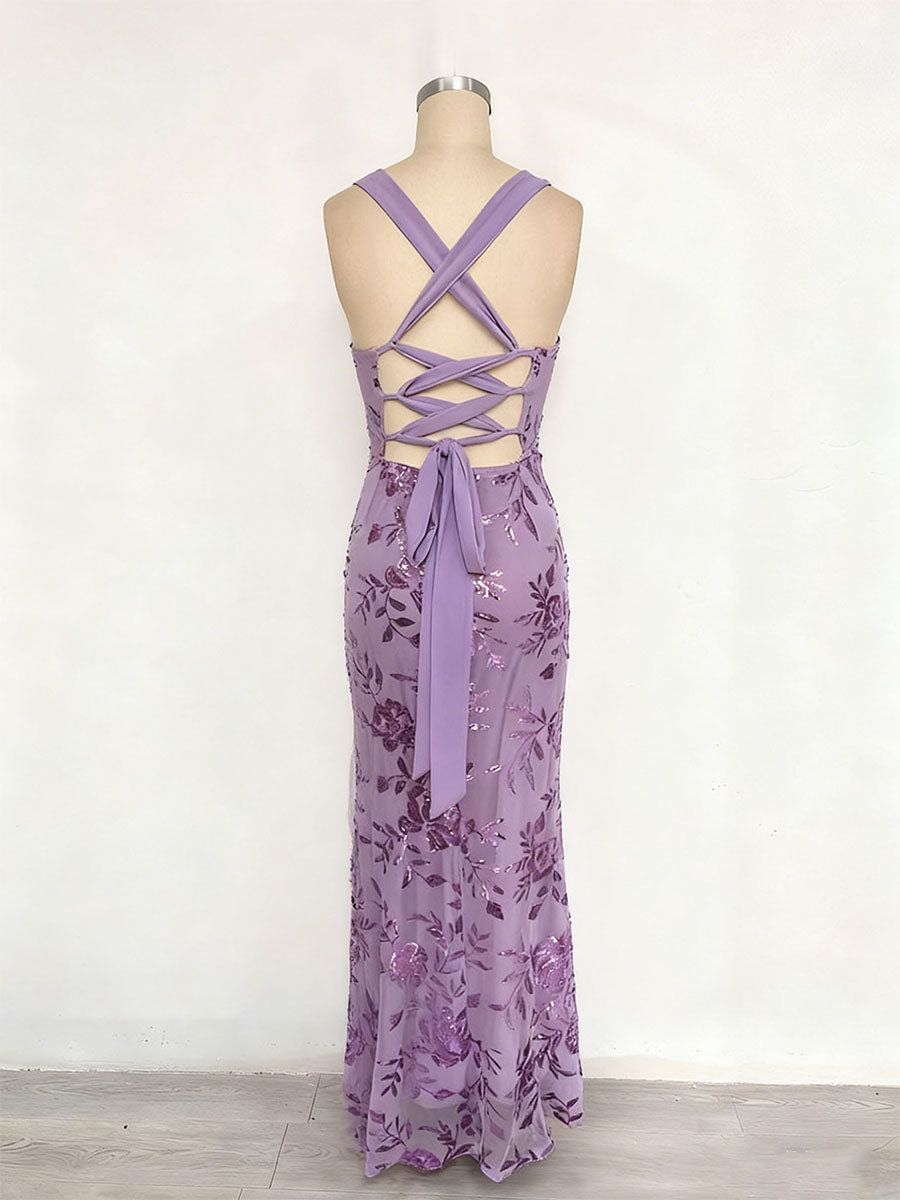 Lavender Square Neckline Floral Sequin Column Prom Dress with Wide Straps