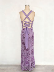 Lavender Square Neckline Floral Sequin Column Prom Dress with Wide Straps