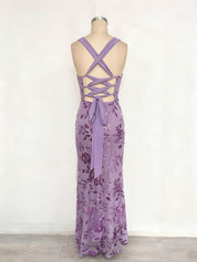 Lavender Square Neckline Floral Sequin Column Prom Dress with Wide Straps