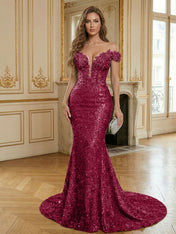 Sparkly Off The Shoulder Sequin Long Mermaid Corset Prom Dresses