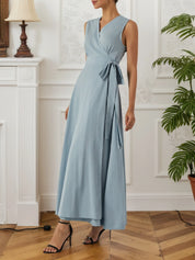 Light Blue Bow Lyocell Linen Wrap V Neck Sleeveless A-Line Maxi Dress