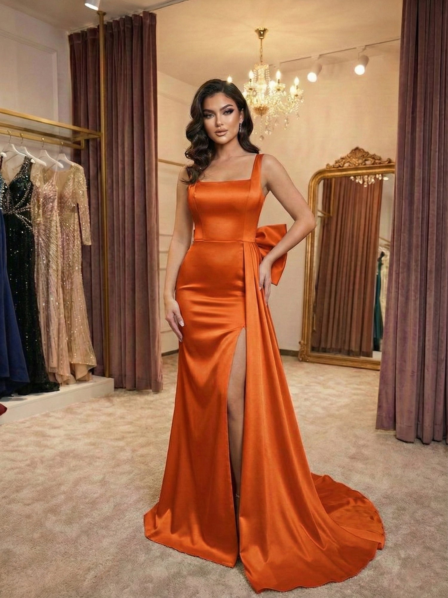 Ivory Grace Satin Square-Neck Prom Dress with Side Bow