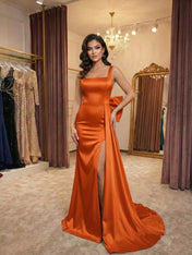 Ivory Grace Satin Square-Neck Prom Dress with Side Bow