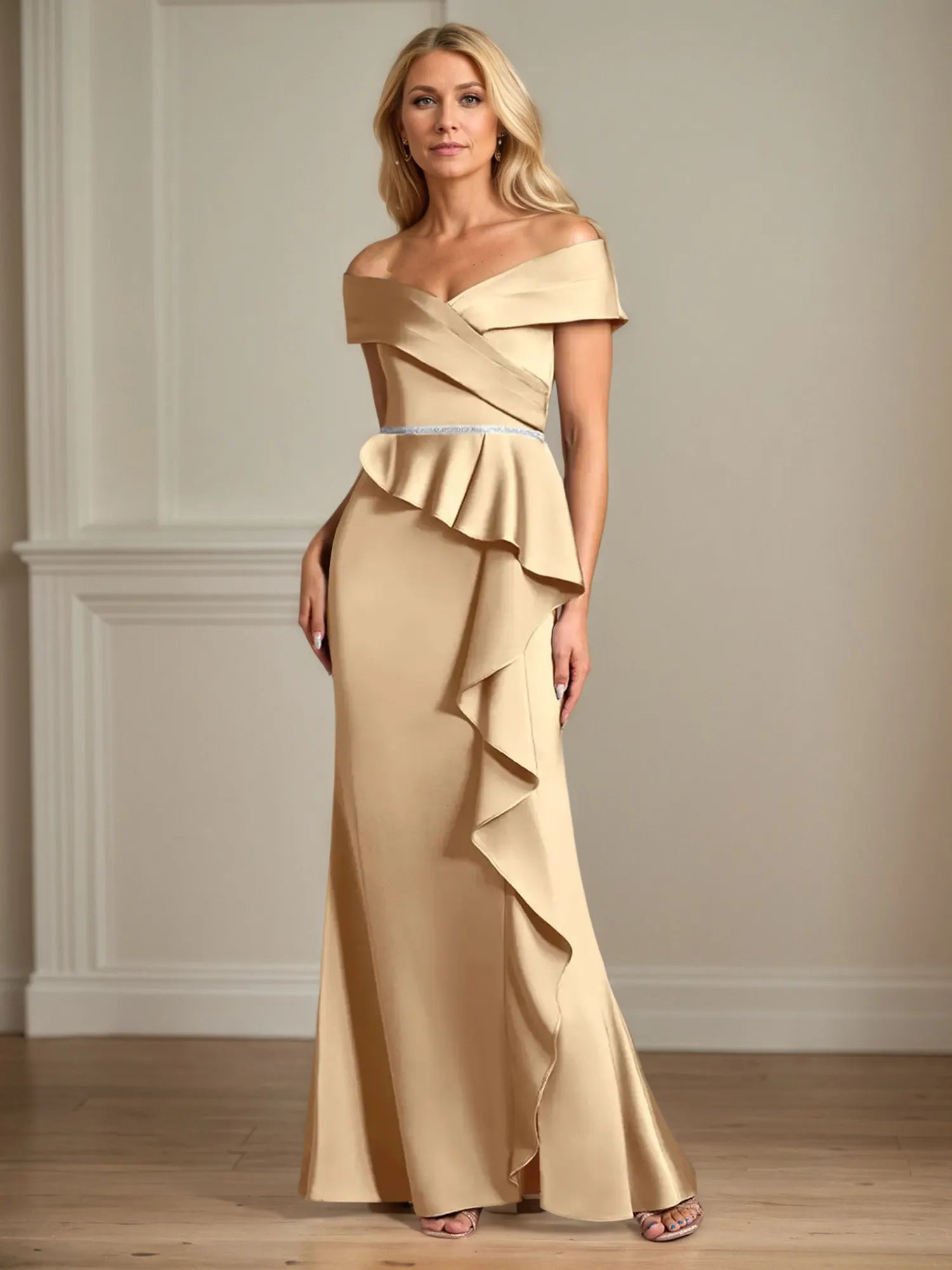 Trumpet/Mermaid Off the Shoulder Floor Length Satin Mother Of the Bride Dress With Ruffles