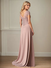 A Line Satin Short Sleeve Floor Length Mother of the Bride Dress with Lace