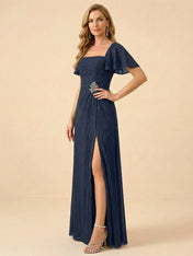 Navy Blue Square Neck Flutter Sleeve Slit Evening Gown with Rhinestone