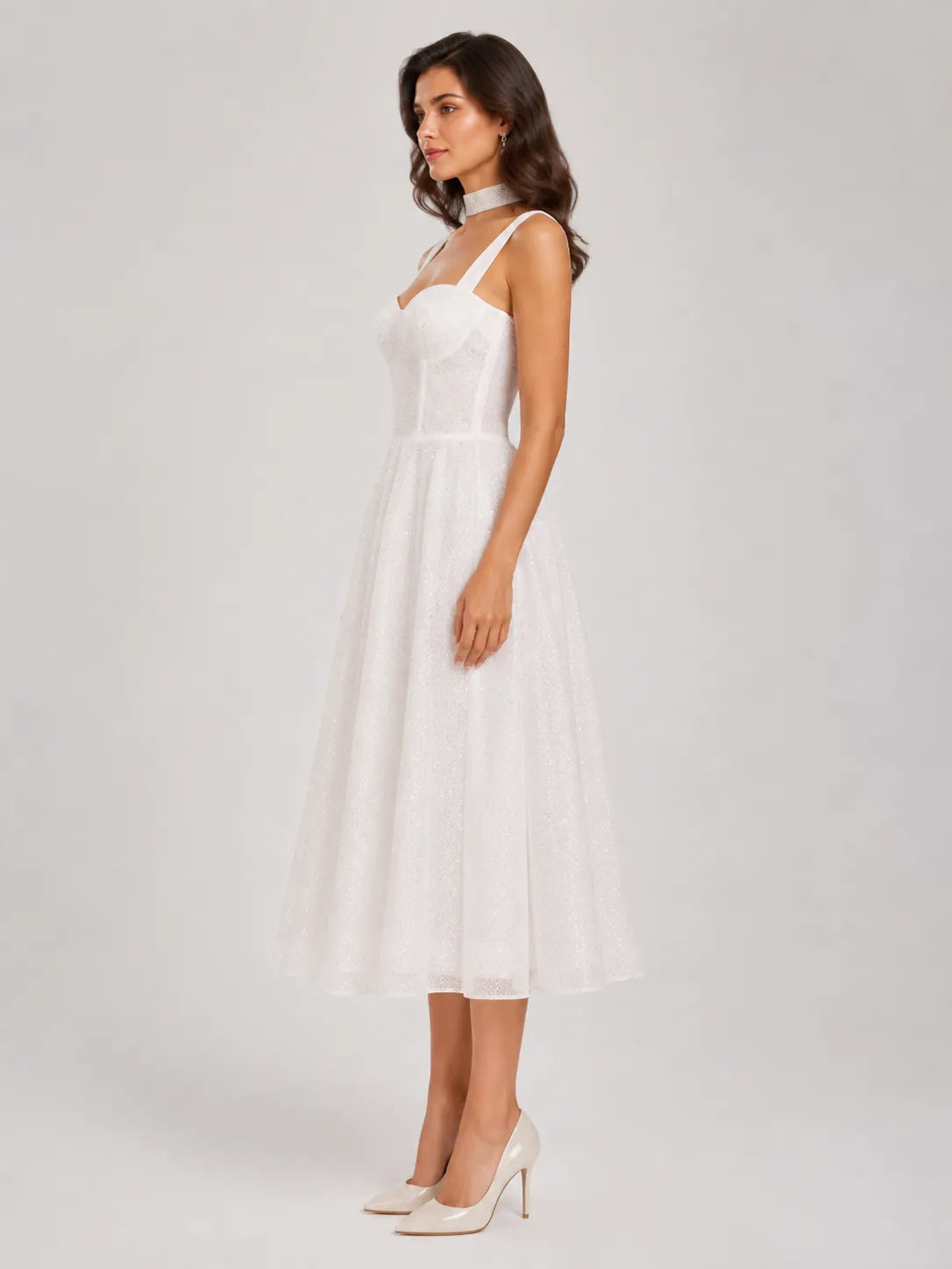 Sweetheart Wide Strap Corset A-Line Tea-Length Wedding Dress