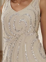 Robe de mère de la mariée fourreau/colonne, col en V, longueur cheville, avec veste et paillettes 