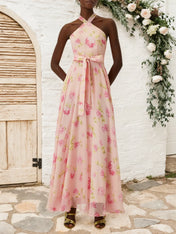 Pink Floral Chiffon Halter Sleeveless A-Line Maxi Dress