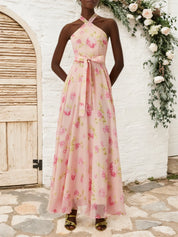 Pink Floral Chiffon Halter Sleeveless A-Line Maxi Dress