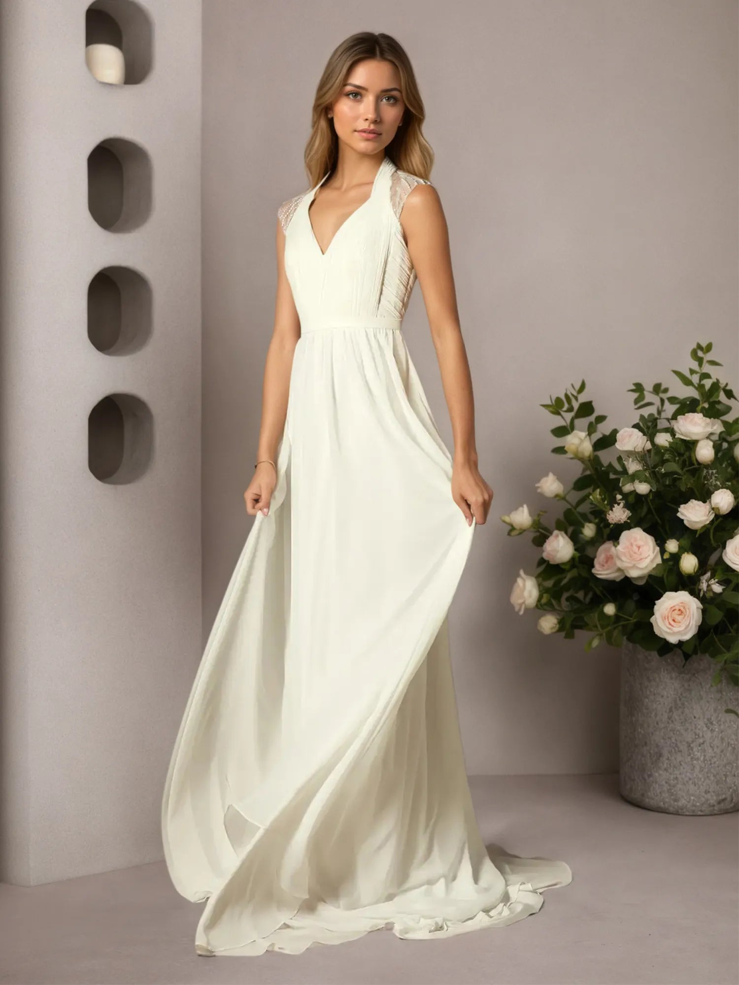 Cream A-Line Pleated Chiffon Dress