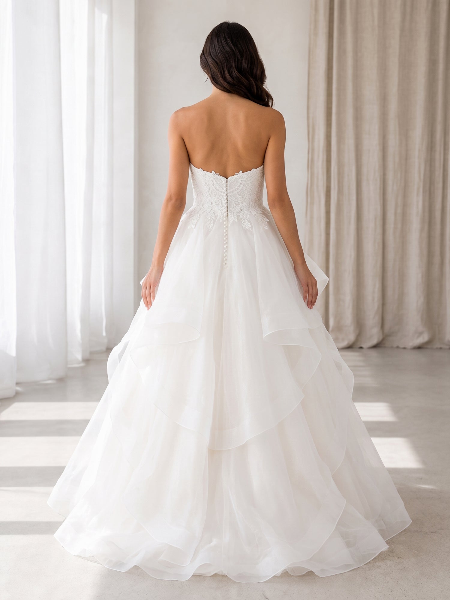 Elegant Strapless White Lace and Tiered Organza A-Line Wedding Dress with Chapel Train