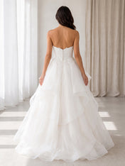 Elegant Strapless White Lace and Tiered Organza A-Line Wedding Dress with Chapel Train