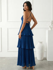 Blue Tiered Mermaid Ankle Length V Neck Maxi Dresses