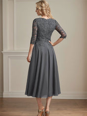 A-line V-Neck Tea-Length Chiffon Lace Mother of the Bride Dress With Beading Sequins