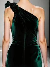 Mermaid Dark Green One Shoulder Velvet Evening Dress With Slit