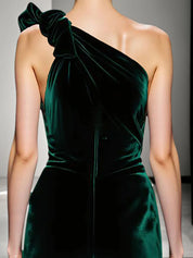 Mermaid Dark Green One Shoulder Velvet Evening Dress With Slit